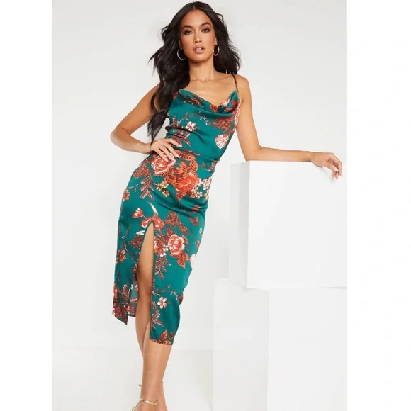 Midi Dress Green Satin Dress Pretty Little Thing PrettyLittleThing